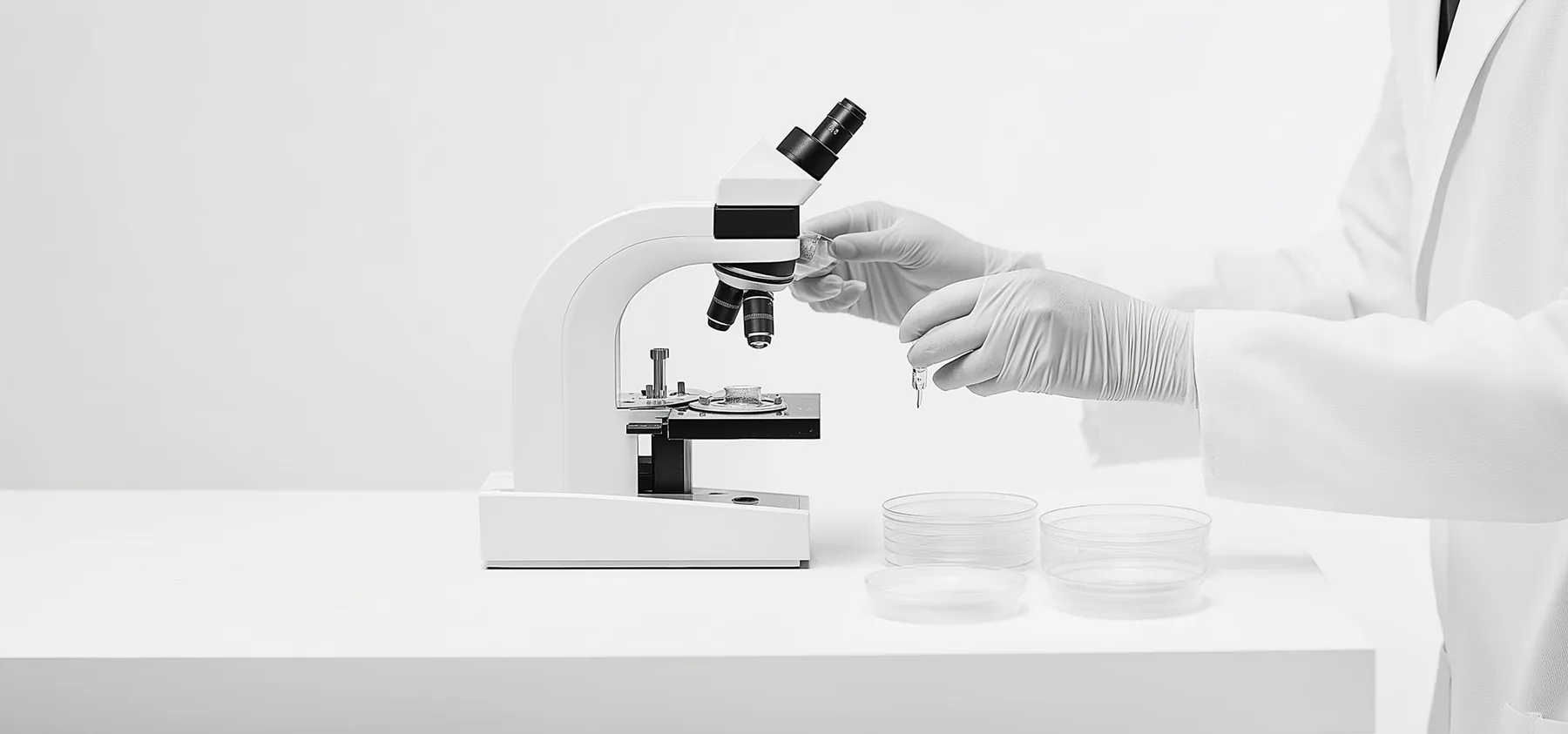 La Théorie — microscope and culture dishes in a laboratory